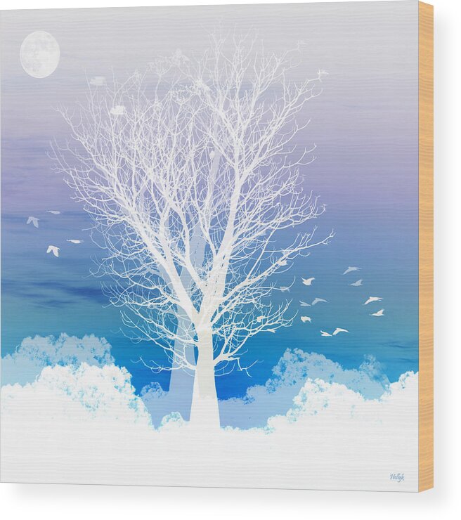 Tree Blue Moon Purple Birds Flying Square Boab Negative Abstract Landscapes Fantasy Wood Print featuring the photograph Once upon a moon lit night... by Holly Kempe