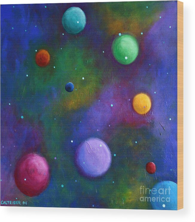Outerspace Wood Print featuring the painting Orbs in Space by Alison Caltrider
