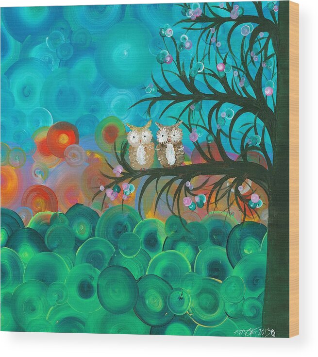 Owls Wood Print featuring the painting Owl Couples - 02 by MiMi Stirn