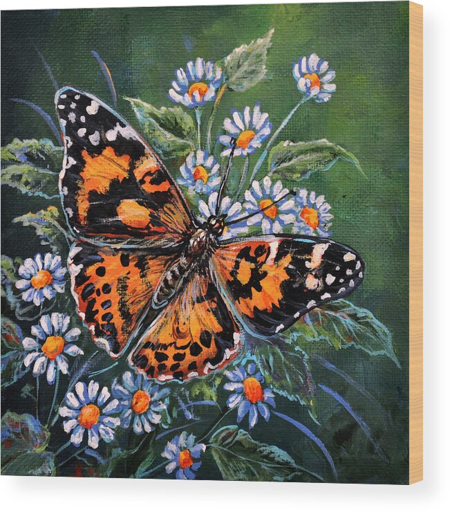 Nature Butterfly Painted Lady Wings Daisy Flower Wood Print featuring the painting Painted Lady by Gail Butler