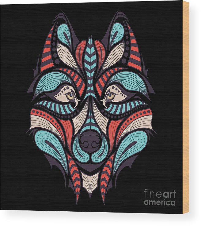 Cunning Wood Print featuring the digital art Patterned Colored Head Of The Wolf by Sunny Whale
