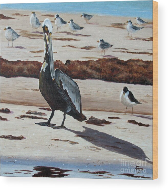 Pelican Wood Print featuring the painting Pelican Beach by Jimmie Bartlett