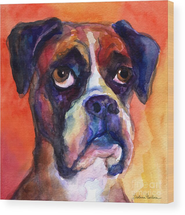 Boxer Funny Wood Print featuring the painting pensive Boxer Dog pop art painting by Svetlana Novikova