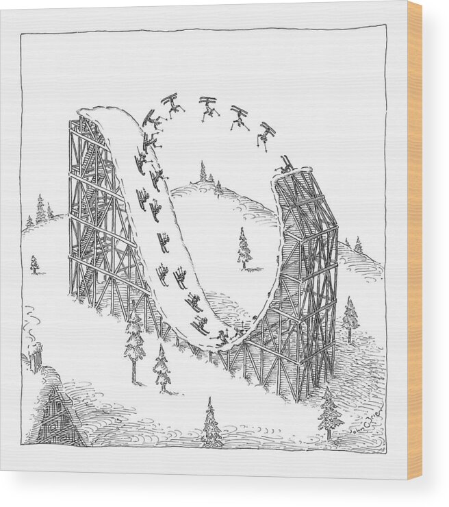 Skiing Wood Print featuring the drawing People Ski On A Circular Ski Ramp That Resembles by John O'Brien