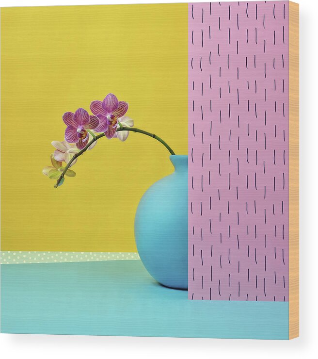 Vase Wood Print featuring the photograph Pink Orchid In Blue Vase by Juj Winn