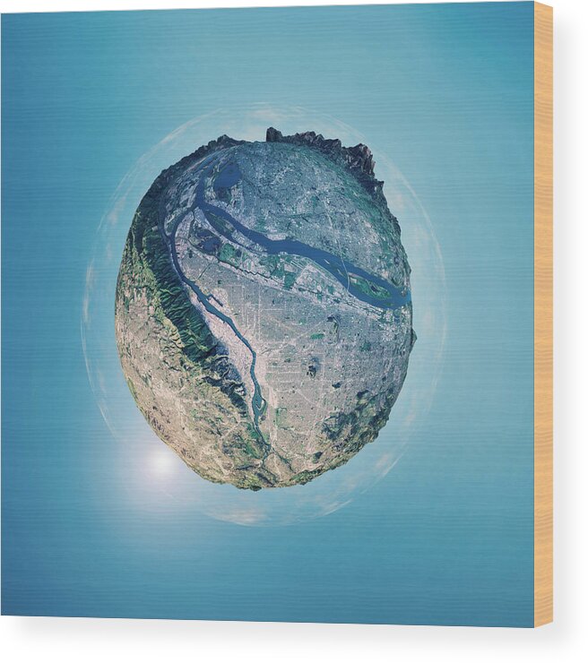 Clear Sky Wood Print featuring the photograph Portland 3D Little Planet 360-Degree Sphere Panorama by FrankRamspott
