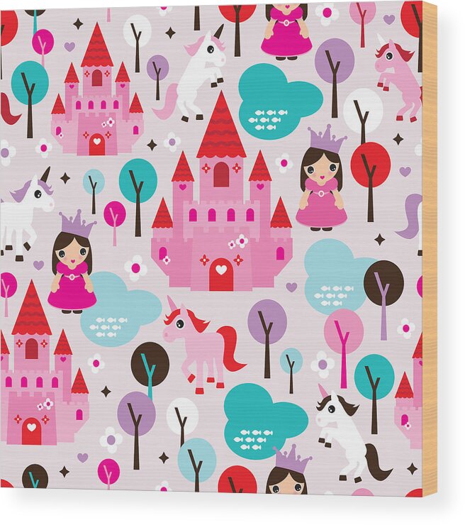 Illustration Wood Print featuring the digital art Princess and Unicorns illustration for kids by Little Smilemakers Studio