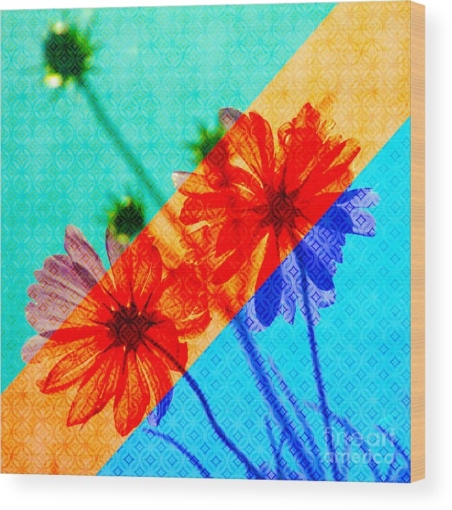 Cosmos Wood Print featuring the digital art Psychedelic Collage of Otherworldly Cosmos Flowers by Beverly Claire Kaiya