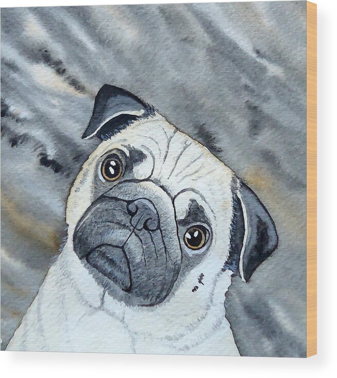 Dog Wood Print featuring the painting Pug by Laurie Anderson