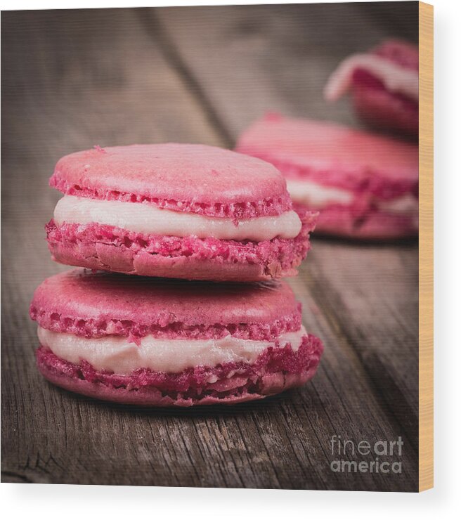 Background Wood Print featuring the photograph Raspberry macarons retro by Jane Rix