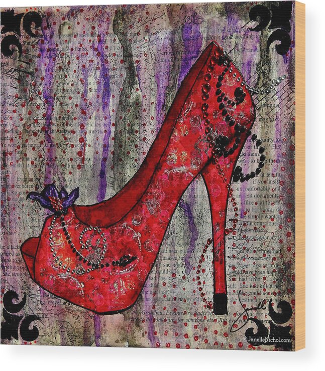 Shoes Wood Print featuring the mixed media Red Fashion Shoe with Purple Flower by Janelle Nichol