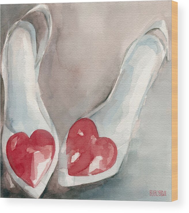Fashion Wood Print featuring the painting Red Heart Paintings of Shoes Print by Beverly Brown Prints