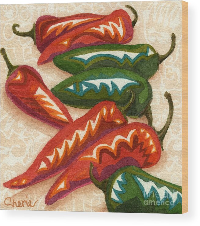 Chile Peppers Wood Print featuring the painting Red Hot Too by Vikki Wicks