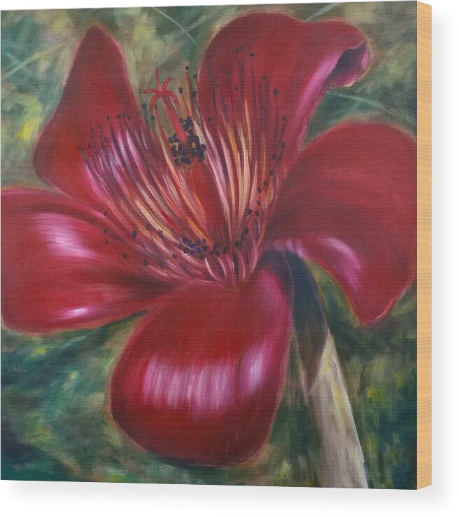Flower Wood Print featuring the painting Red Silk Cotten Bombex by Larry Palmer