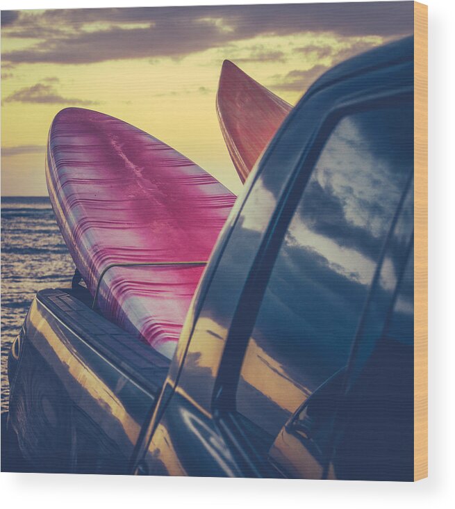 Aged Wood Print featuring the photograph Retro Surf Boards In Truck by Mr Doomits
