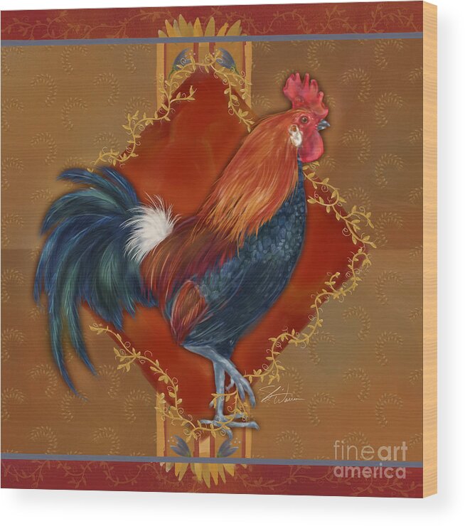 Rooster Wood Print featuring the mixed media Rooster on Red and Gold II by Shari Warren