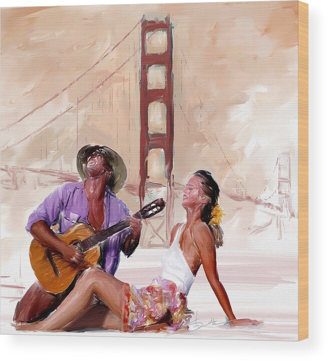 Man Wood Print featuring the painting San Francisco Guitar Man by Rob Smith's