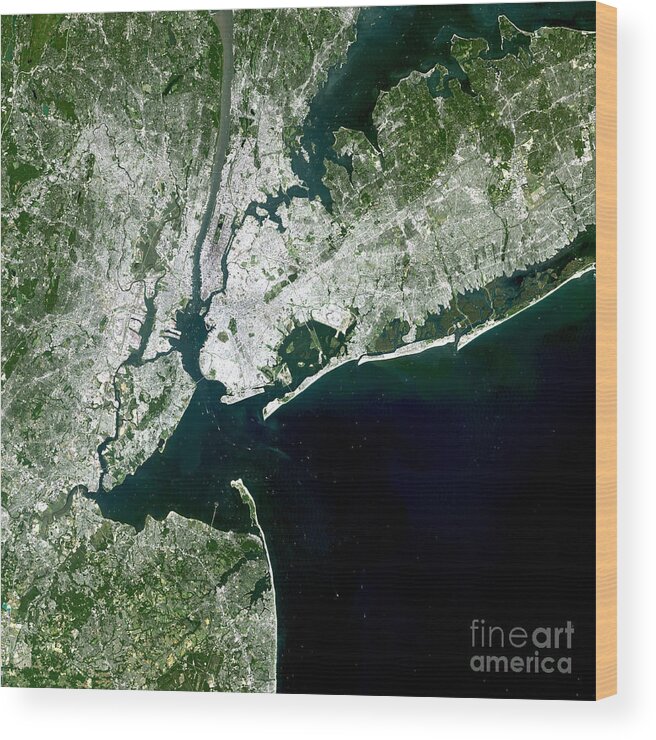 Close-up Wood Print featuring the photograph Satellite View Of New York City by Stocktrek Images