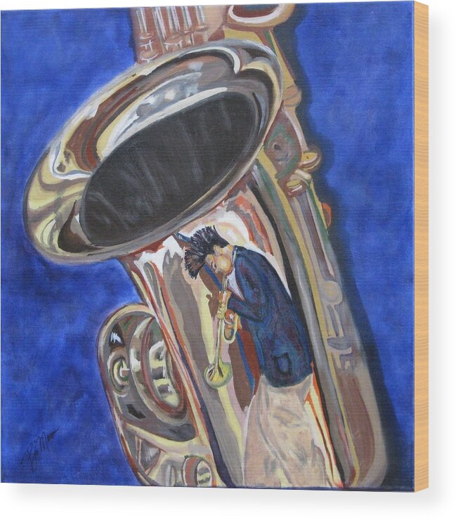 Saxophone Paintings Wood Print featuring the painting Saxy Reflection SOLD by Bill Manson