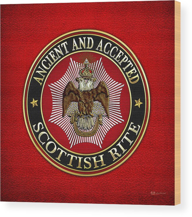 'scottish Rite' Collection By Serge Averbukh Wood Print featuring the digital art Scottish Rite Double-headed Eagle on Red Leather by Serge Averbukh