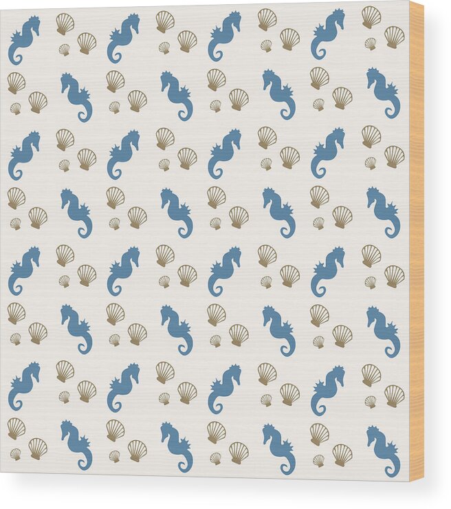 Seahorse Wood Print featuring the mixed media Seahorse and Shells Pattern by Christina Rollo