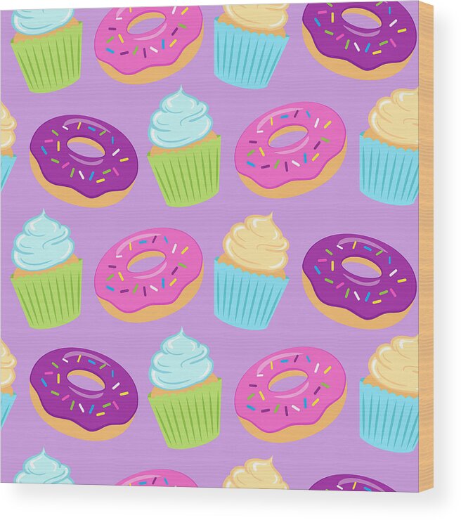 Art Wood Print featuring the digital art Seamless Colorful Pattern With Donuts by Ekaterina Bedoeva
