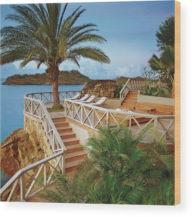 No Peopleoutdoorsdaycolour Imagephotographysquaretreeseawaterstepsstaircaserailingssun Loungerpalm Treeskyislandtropicaltourist Resortabsencetranquillitytravel Destinationsvacations #condenastarchitecturaldigestphotograph Wood Print featuring the photograph Seaside Resort With Stairs And Palm Tree by Durston Saylor