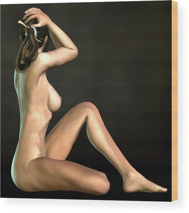 Nude Wood Print featuring the digital art Sitting Hude Holding Head by Kaylee Mason