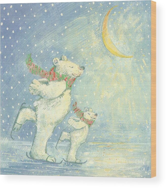 Ice; Smiling; Happy; Bear; Snow; Crescent Moon; Christmas Card; Blizzard; Children's Illustration Wood Print featuring the painting Skating Polar Bears by David Cooke
