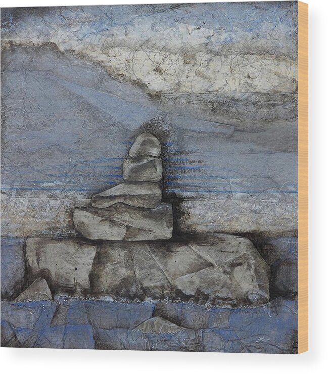 Textural Blue Papers Wood Print featuring the mixed media Stacking Rock BlueI by Laura Lein-Svencner