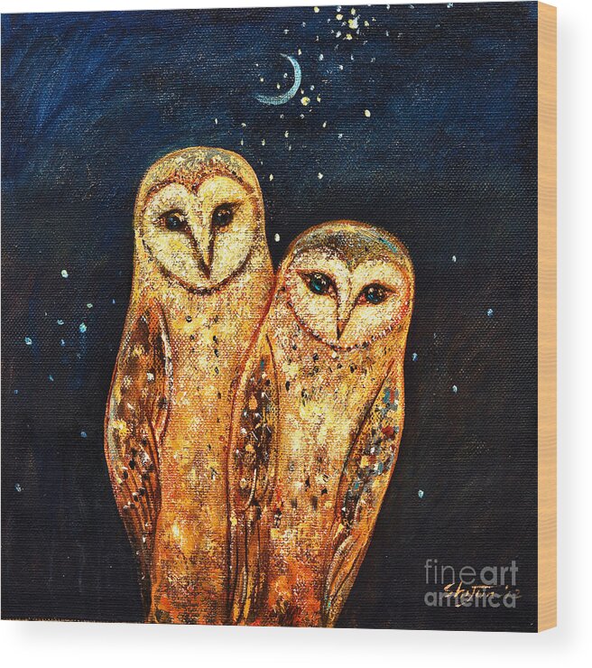 Owl Wood Print featuring the painting Starlight Owls by Shijun Munns