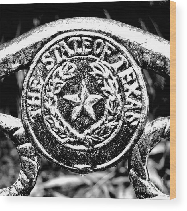 Texas Wood Print featuring the digital art State of Texas Seal and Lone Star on Iron Fence after Rain Square Format BW Conte Crayon Digital Art by Shawn O'Brien