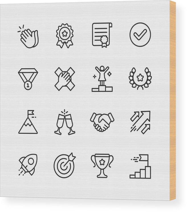 New Business Wood Print featuring the drawing Success Line Icons. Editable Stroke. Pixel Perfect. For Mobile and Web. Contains such icons as Applause, Medal, Trophy, Champagne, StartUp, Handshake. by Rambo182