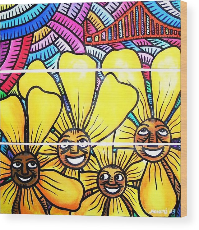  Wood Print featuring the painting Sun Flowers and Friends SF 1 by Marconi Calindas