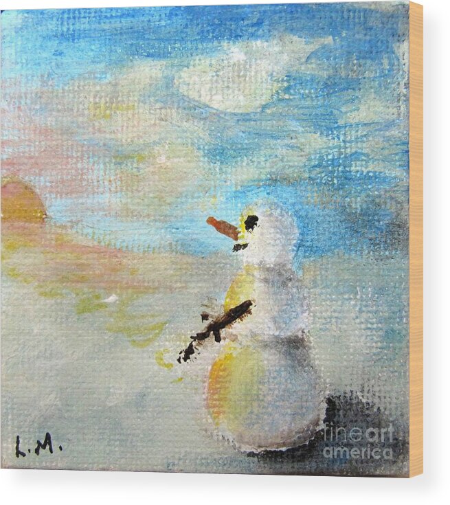 Snow Wood Print featuring the painting Sundown Snowman by Laurie Morgan