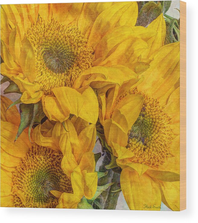 Yellow Wood Print featuring the photograph Sunflower Trio by Heidi Smith