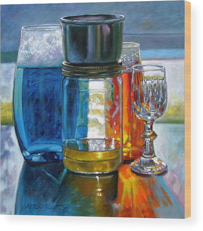 Still Life Wood Print featuring the painting Sunlight Shining through Glass by John Lautermilch