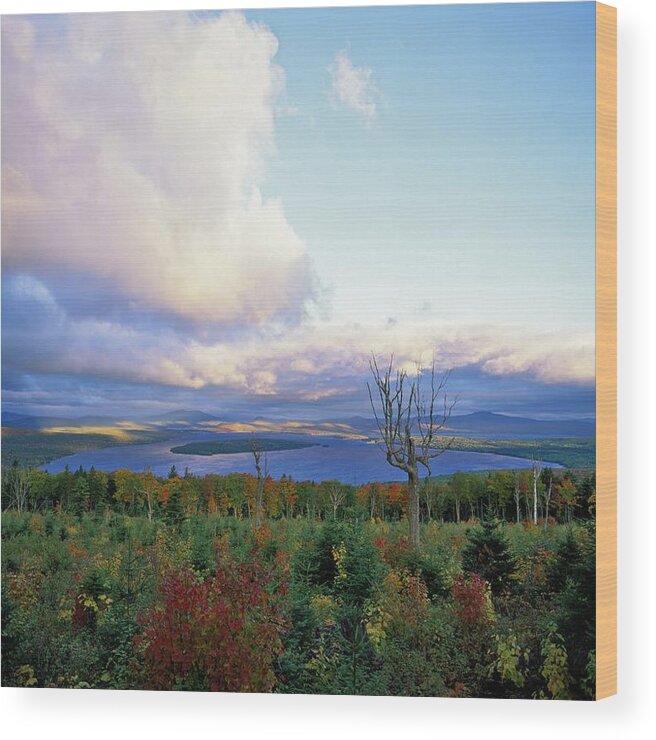 Scenics Wood Print featuring the photograph Sunrise at Height of Land Moose Lookmeguntic Lake in the Autumn, Maine, USA. by Jeff Foott
