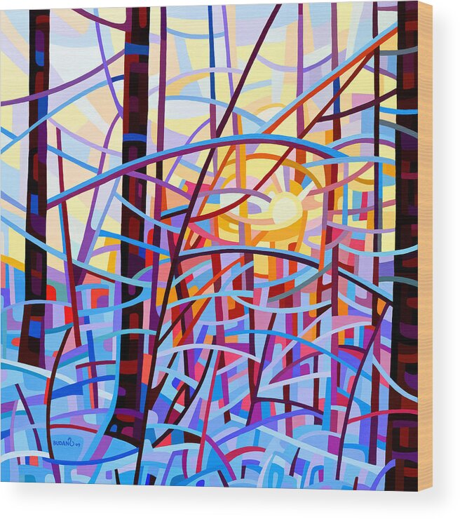 Abstract Wood Print featuring the painting Sunrise by Mandy Budan