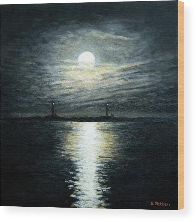 Moon Wood Print featuring the painting Supermoon Rising over Thacher Island by Eileen Patten Oliver