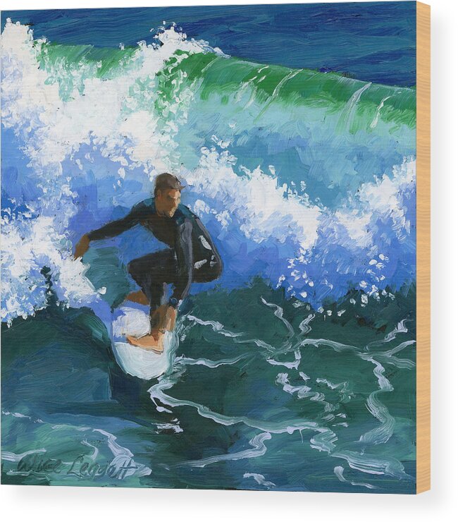 Surfer Wood Print featuring the painting Surfin' Huntington Beach Pier by Alice Leggett