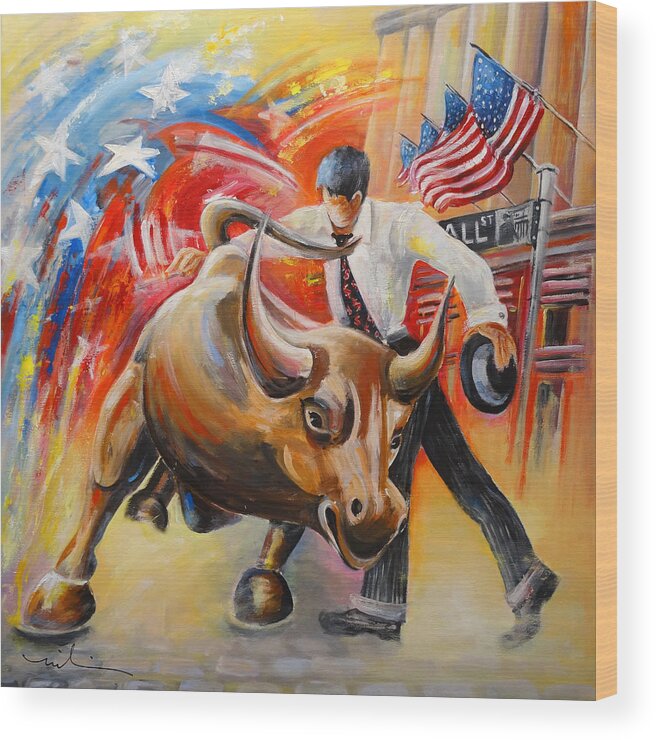 Expressionism Wood Print featuring the painting Taking on The Wall Street Bull by Miki De Goodaboom