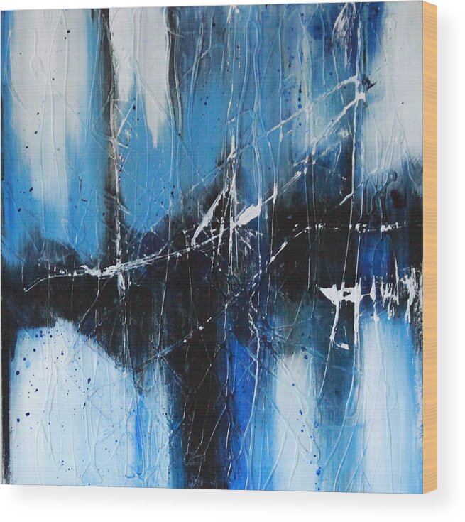 Abstract Textured Contemporary Action Acrylic Painting In Blues Wood Print featuring the painting Tangled by Lauren Petit