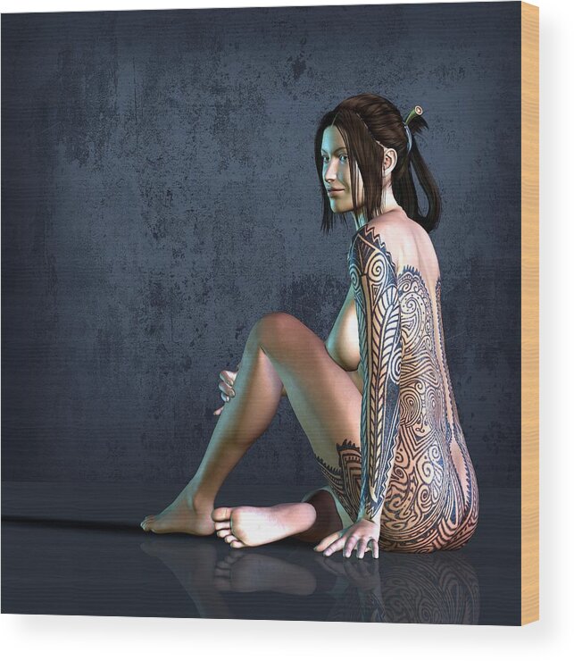  Wood Print featuring the digital art Tattooed Nude 3 by Kaylee Mason