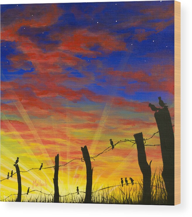 Barbwire Fence Wood Print featuring the painting The Birds - Red Sky at Night by Jack Malloch