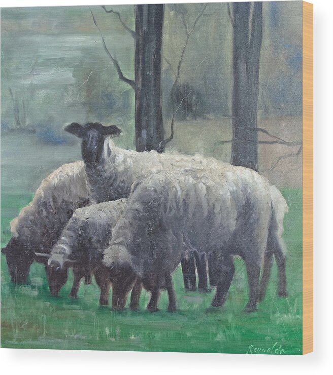 Sheep Wood Print featuring the painting The Family of Sheep by John Reynolds