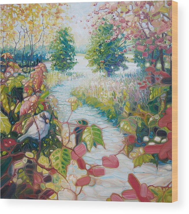 Spring Landscapes Wood Print featuring the painting The Sparrow's Garden - large Sussex Landscape by Gill Bustamante