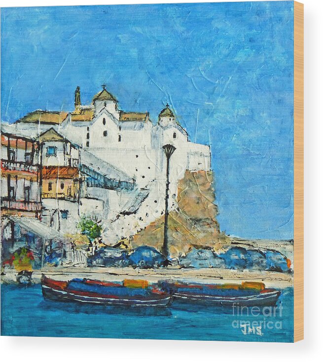 Mixed Media Wood Print featuring the painting The White Church Skopelos by Jackie Sherwood