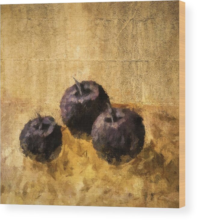 Plum Wood Print featuring the painting Three Plums Still Life by Michelle Calkins