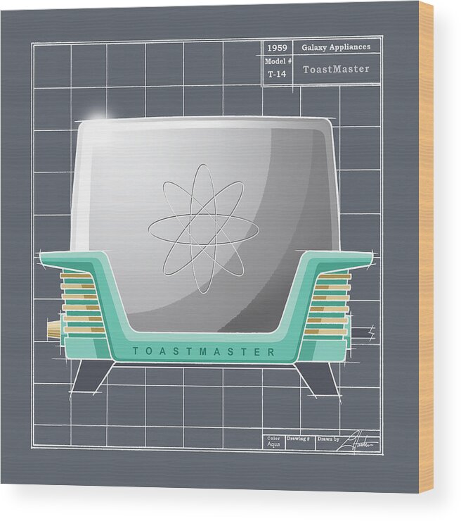 Mid Century Wood Print featuring the drawing ToastMaster - aqua by Larry Hunter